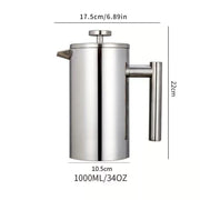 304 Stainless Steel French Press Coffee Maker, Household Hand-Brew Coffee Pot, Tea Filter Pot—1000ML