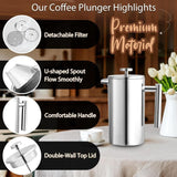 304 Stainless Steel French Press Coffee Maker, Household Hand-Brew Coffee Pot, Tea Filter Pot—1500ML