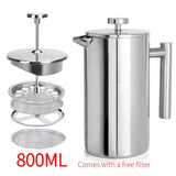 304 Stainless Steel French Press Coffee Maker, Household Hand-Brew Coffee Pot, Includes One Filter—800ML