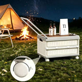 White Foldable Camping Storage Box With Wood Grain Lid, Pull Rod & Universal Wheels, Outdoor Car Organizer Bin