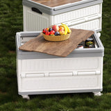 White Foldable Camping Storage Box With Wood Grain Lid, Pull Rod & Universal Wheels, Outdoor Car Organizer Bin