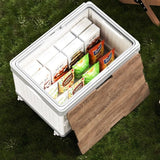 White Foldable Camping Storage Box With Wood Grain Lid, Pull Rod & Universal Wheels, Outdoor Car Organizer Bin