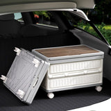 White Foldable Camping Storage Box With Wood Grain Lid, Pull Rod & Universal Wheels, Outdoor Car Organizer Bin