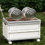White Foldable Camping Storage Box With Wood Grain Lid, Pull Rod & Universal Wheels, Outdoor Car Organizer Bin