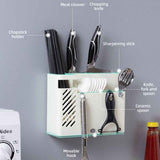 Wall-Mounted Chopstick Holder, Multi-Compartment Kitchen Utensil Storage Rack, Drainable Cutlery Organizer—Blue