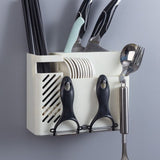 Wall-Mounted Chopstick Holder, Multi-Compartment Kitchen Utensil Storage Rack, Drainable Cutlery Organizer—White