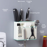Wall-Mounted Chopstick Holder, Multi-Compartment Kitchen Utensil Storage Rack, Drainable Cutlery Organizer—White