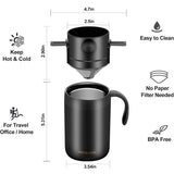 Portable Pour-Over Coffee Set, 304 Stainless Steel Insulated Coffee Mug, Insulated Mug + Drip Filter, 2-Piece Kit—Black