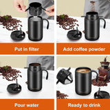 Portable Pour-Over Coffee Set, 304 Stainless Steel Insulated Coffee Mug, Insulated Mug + Drip Filter, 2-Piece Kit—Black