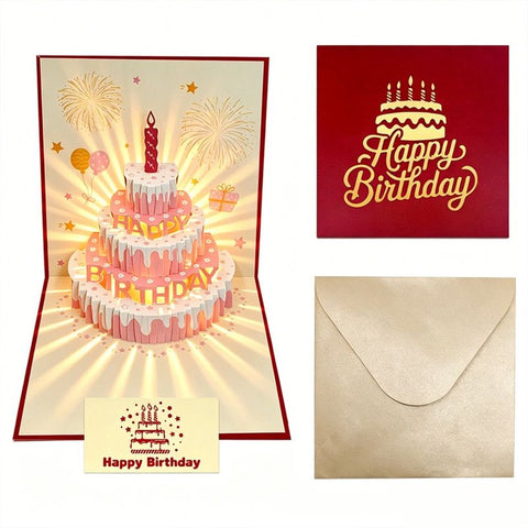 3-Piece Set of 3D Pop-Up Birthday Cake Cards, Creative Handmade Greeting Cards with LED Lights—Red In Australia - Darrahopens