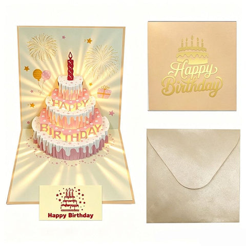 3-Piece Set of 3D Pop-Up Birthday Cake Cards, Creative Handmade Greeting Cards with LED Lights—Yellow