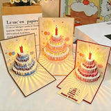 3-Piece Set of 3D Pop-Up Birthday Cake Cards, Creative Handmade Greeting Cards with LED Lights—Yellow