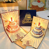 3-Piece Set of 3D Pop-Up Birthday Cake Cards, Creative Handmade Greeting Cards with LED Lights—Yellow