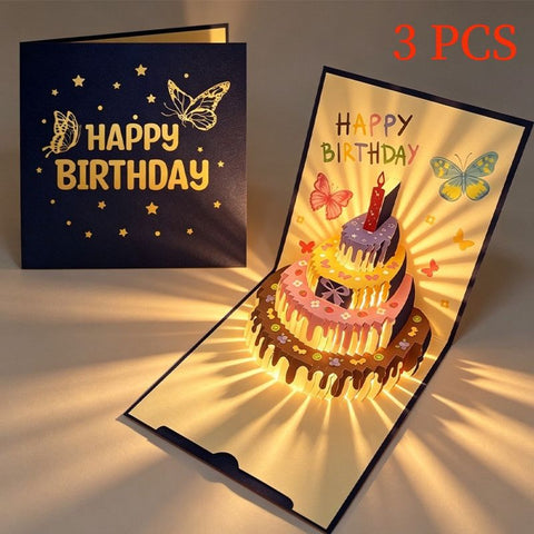 3-Pack - Butterfly 3D Pop-Up Birthday Cake Card, LED Light Creative Greeting Card Set - Blue In Australia - Darrahopens