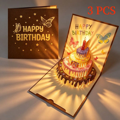 3-Pack - Butterfly 3D Pop-Up Birthday Cake Card, LED Light Creative Greeting Card Set - Brown In Australia - Darrahopens