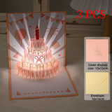 3-Pack - 3D Pop-Up Birthday Cake Card, Paper Craft Greeting Card with LED Light & Automatic Music - Pink