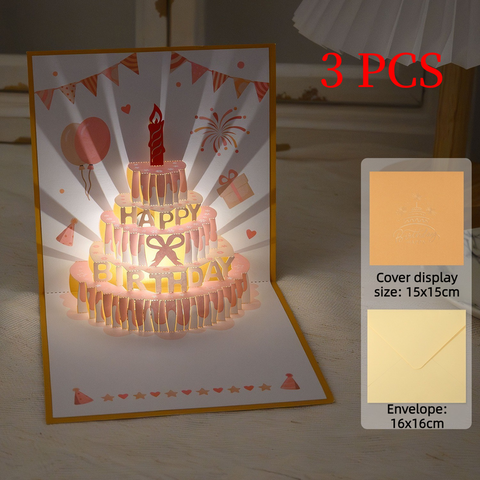 3-Pack - 3D Pop-Up Birthday Cake Card, Paper Craft Greeting Card with LED Light & Automatic Music - Gold and Pink In Australia - Darrahopens