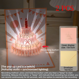 2PCS-3D Pop-Up Birthday Cake Card, Paper Craft Greeting Card with LED Light & Voice Recording - Pink In Australia - Darrahopens