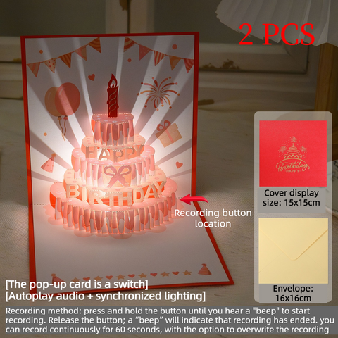 2PCS-3D Pop-Up Birthday Cake Card, Paper Craft Greeting Card with LED Light & Voice Recording - Red In Australia - Darrahopens