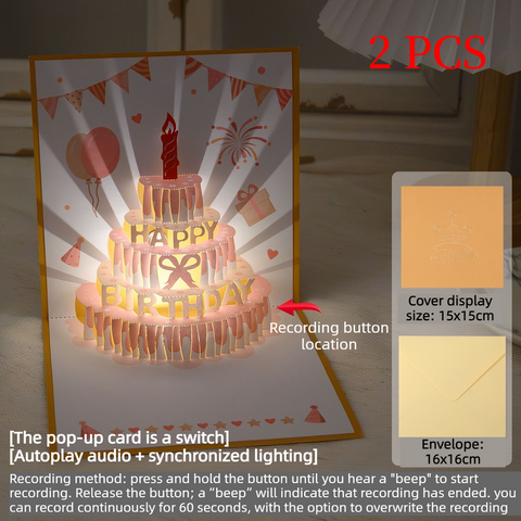 2PCS-3D Pop-Up Birthday Cake Card, Paper Craft Greeting Card with LED Light & Voice Recording—Gold and Pink In Australia - Darrahopens