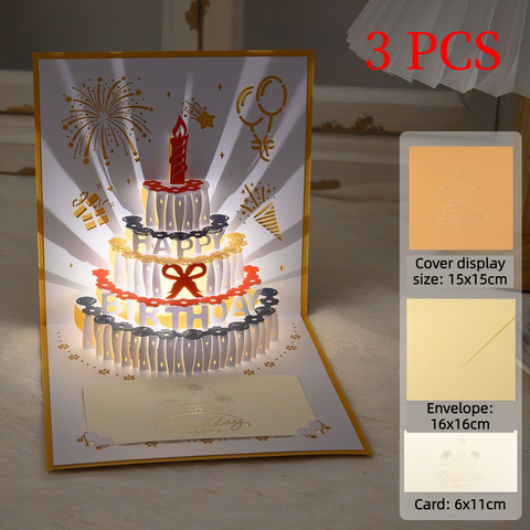 3D Pop-Up Birthday Cake Greeting Card, Paper Craft Card with LED Light & Automatic Pure Music—3-Pack—Gold In Australia - Darrahopens