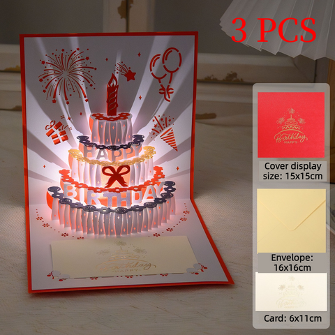 3D Pop-Up Birthday Cake Greeting Card, Paper Craft Card with LED Light & Automatic Pure Music—3-Pack—Red In Australia - Darrahopens