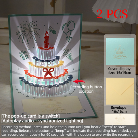 3D Pop-Up Birthday Cake Greeting Card, Paper Craft Card with LED Light & Voice Recording Function—2-Pack—Cyan In Australia - Darrahopens