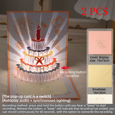 3D Pop-Up Birthday Cake Greeting Card, Paper Craft Card with LED Light & Voice Recording Function—2-Pack—Pink In Australia - Darrahopens
