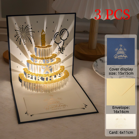 3PCS-3D Pop-Up Birthday Cake Greeting Card, Paper Craft Card with LED Light & Auto Pure Music—Blue In Australia - Darrahopens