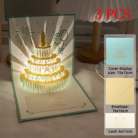 3PCS-3D Pop-Up Birthday Cake Greeting Card, Paper Craft Card with LED Light & Auto Pure Music - Cyan In Australia - Darrahopens