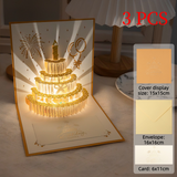 3PCS-3D Pop-Up Birthday Cake Greeting Card, Paper Craft Card with LED Light & Auto Pure Music—Gold