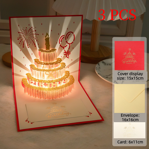 3PCS-3D Pop-Up Birthday Cake Greeting Card, Paper Craft Card with LED Light & Auto Pure Music - Red In Australia - Darrahopens