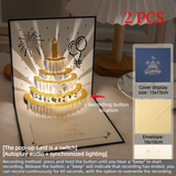 3D Pop-Up Birthday Cake Greeting Card, 2-Pack—Paper Craft Card with LED Light & Voice Recording—Blue