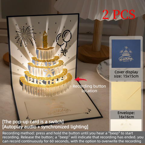 3D Pop-Up Birthday Cake Greeting Card, 2-Pack—Paper Craft Card with LED Light & Voice Recording—Blue