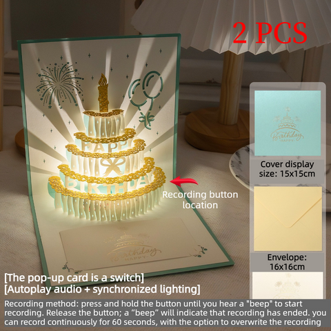 3D Pop-Up Birthday Cake Greeting Card, 2-Pack—Paper Craft Card with LED Light & Voice Recording—Cyan In Australia - Darrahopens