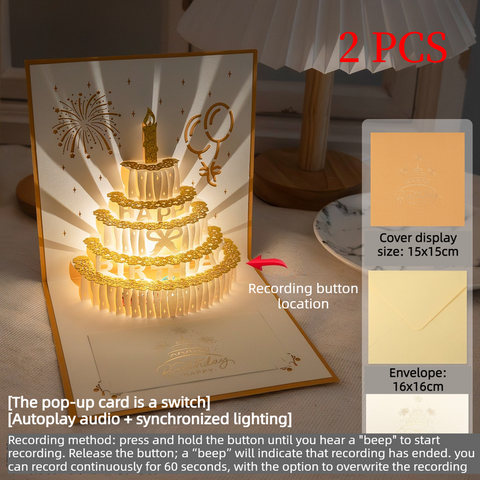 3D Pop-Up Birthday Cake Greeting Card, 2-Pack—Paper Craft Card with LED Light & Voice Recording—Gold In Australia - Darrahopens