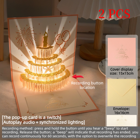 3D Pop-Up Birthday Cake Greeting Card, 2-Pack—Paper Craft Card with LED Light & Voice Recording—Pink In Australia - Darrahopens