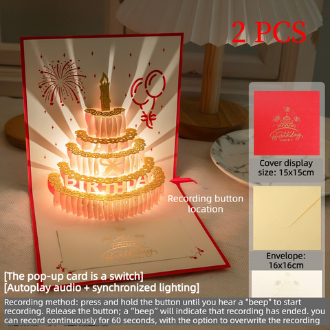 3D Pop-Up Birthday Cake Greeting Card, 2-Pack—Paper Craft Card with LED Light & Voice Recording—Red In Australia - Darrahopens