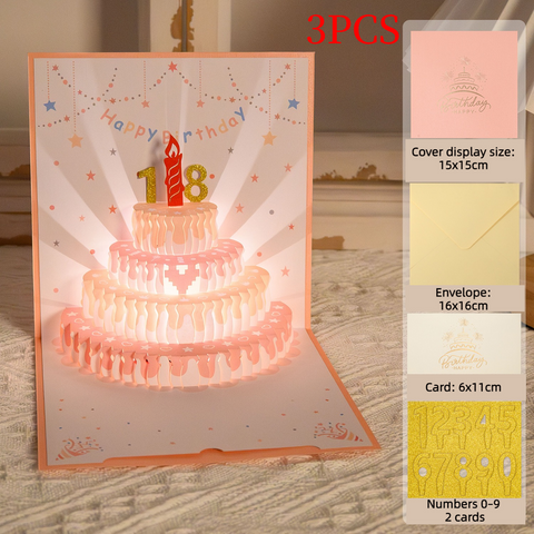 3PCS-Cream Cake 3D Pop-Up Birthday Card, Paper Craft Greeting Card with LED Light & Auto Pure Music - Pink In Australia - Darrahopens