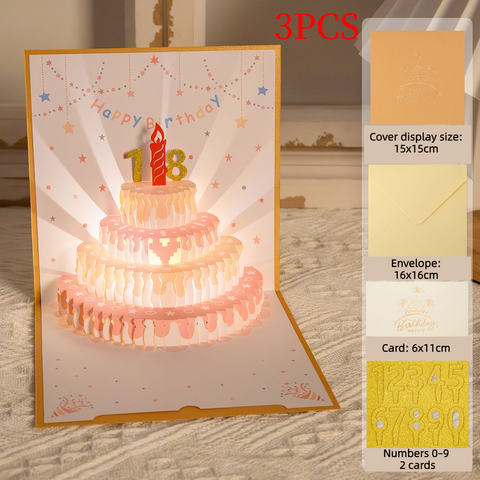 3PCS-Cream Cake 3D Pop-Up Birthday Card, Paper Craft Greeting Card with LED Light & Auto Pure Music—Gold Pink In Australia - Darrahopens