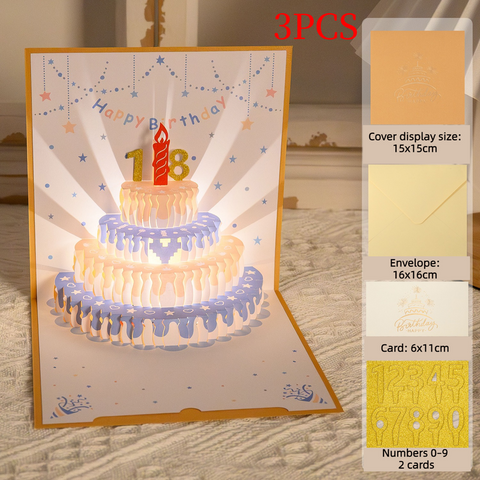 3PCS-Cream Cake 3D Pop-Up Birthday Card, Paper Craft Greeting Card with LED Light & Auto Pure Music - Gold-Blue