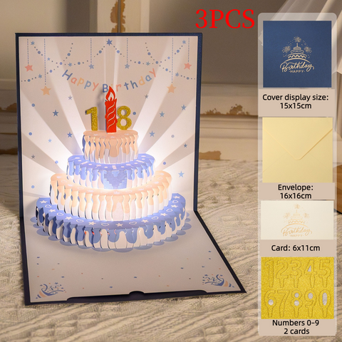 3PCS-Cream Cake 3D Pop-Up Birthday Card, Paper Craft Greeting Card with LED Light & Auto Pure Music - Blue In Australia - Darrahopens