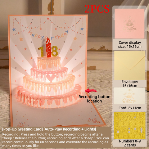 2PCS-Cream Cake 3D Pop-Up Birthday Card, Paper Craft Greeting Card with LED Light & Voice Recording - Pink In Australia - Darrahopens