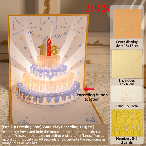 2PCS-Cream Cake 3D Pop-Up Birthday Card, Paper Craft Greeting Card with LED Light & Voice Recording - Gold and Blue In Australia - Darrahopens