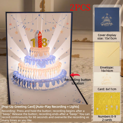 2PCS-Cream Cake 3D Pop-Up Birthday Card, Paper Craft Greeting Card with LED Light & Voice Recording - Blue In Australia - Darrahopens