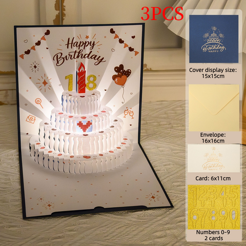 3PCS-Heart Cake 3D Pop-Up Birthday Card, Premium Foldable Greeting Card with LED Light & Auto Pure Music—Blue In Australia - Darrahopens