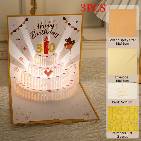 3PCS-Heart Cake 3D Pop-Up Birthday Card, Premium Foldable Greeting Card with LED Light & Auto Pure Music—Gold In Australia - Darrahopens
