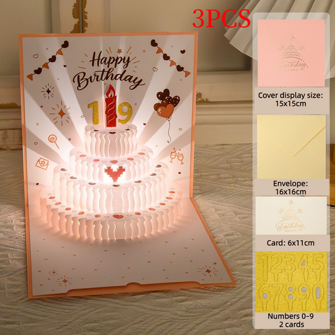 3PCS-Heart Cake 3D Pop-Up Birthday Card, Premium Foldable Greeting Card with LED Light & Auto Pure Music—Pink In Australia - Darrahopens