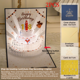 2PCS-Heart Cake 3D Pop-Up Birthday Card, Foldable Greeting Card with LED Light & Voice Recording—Blue