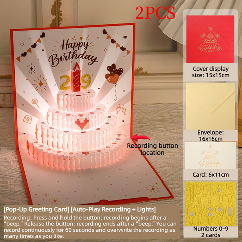 2PCS-Heart Cake 3D Pop-Up Birthday Card, Foldable Greeting Card with LED Light & Voice Recording - Red In Australia - Darrahopens
